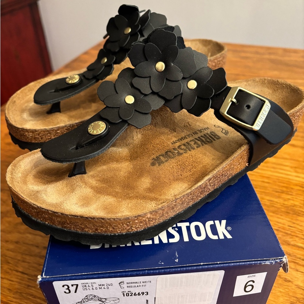 Birkenstock Black Floral Gizeh Thong Sandals with Gold Accents